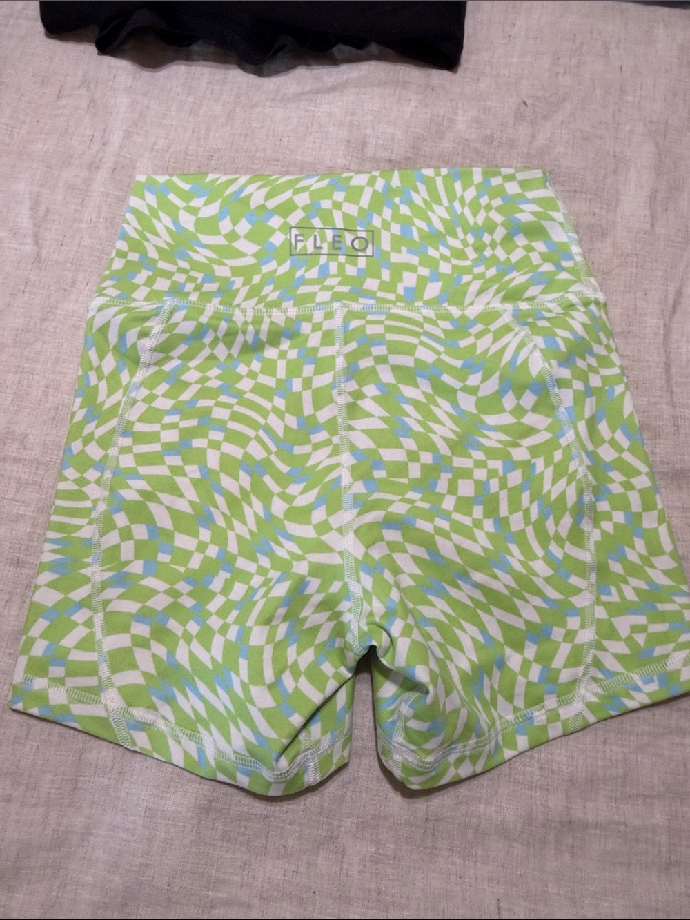 Fleo Lime Green & Light Blue Optical-Print High-Waist Athletic Shorts
